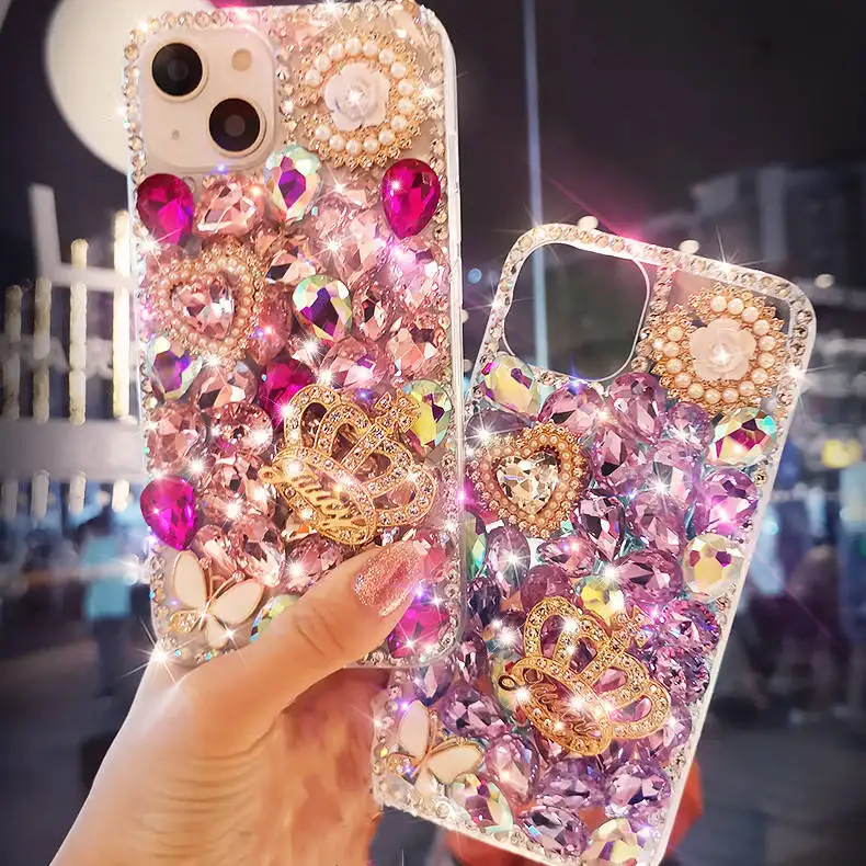 Funda de teléfono de lujo para mujer y niña, con purpurina, cristal, corona, corazón de amor, Diamante completo, para Iphone 14, 13 Pro, Xs, Max, 11, 12, Xr, 8 Plus