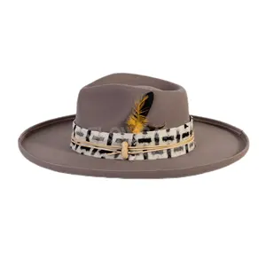 סיטונאי חדש רחב שוליים אופנה בציר לבד פדורה צמר עיפרון שוליים כובע נוצות לשני המינים