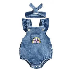 Summer Dark Blue Rainbows Broderie Bodysuit Ruffle Denim Baby Girl Romper With Buttons kids denim romper Wholesale