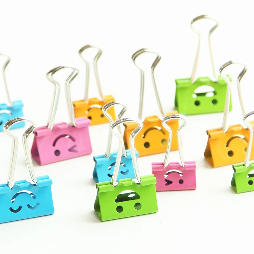 Custom Metal Binder Clips Office Binder Paper Clamps with Colored Cute Hollow Smiling Face Clips