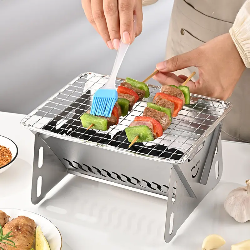 Mini ev barbekü açık paslanmaz çelik kamp malzemeleri kömür taşınabilir Net katlanır barbekü ızgara ile ısıtma sobası