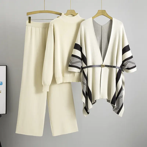 <span class=keywords><strong>Tuta</strong></span> stile moda maglia maglia Set 3 pezzi scialle a righe a mezza scollo alto a maniche lunghe abito in maglia a <span class=keywords><strong>gamba</strong></span> <span class=keywords><strong>larga</strong></span> - Product Image 1