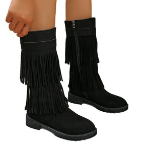 Mode européenne américaine mi-mollet <span class=keywords><strong>bottes</strong></span> en <span class=keywords><strong>daim</strong></span> femmes grande taille rétro talon mince sans lacet gland chevalier <span class=keywords><strong>bottes</strong></span> hauteur - Product Image 5