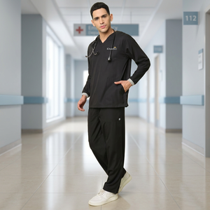 Ensemble de blouses médicales unisexe KhumBro noir, col en V, manches longues, tricoté en mélange coton-polyester, respirant, détectable par les détecteurs de métaux, uniforme hospitalier - Product Image 3