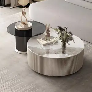 Sofá da sala de estar, mesa de centro luxuosa, mesa de centro redonda de madeira maciça, pernas douradas, design moderno em mármore