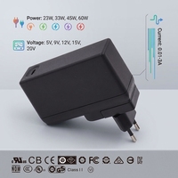Adaptateur secteur d'alimentation USB 2A 3A avec prises EU, UK, AU, US, certifié CB UL TUV-SUD/Mark, puissances 23W, 33W, 45W, 60W, 65W, tensions 5V, 9V, 12V, 15V, 20V