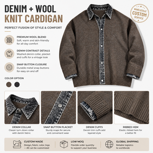 Cardigã Masculino de Tricô com Gola Jeans, Efeito Vintage Lavado, Patchwork e Botões de Pressão – Jaqueta de Tricô Personalizada OEM - Product Image 5