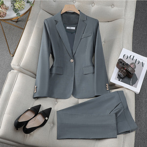 Women's Misty Blue Suit Set Polyester Satin Full Sleeve Elegant Anti-Wrinkle Autumn Professional Style - Product Image 2
