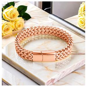 Bracelet double rang tressé en acier inoxydable pour homme, avec fermoir magnétique à double rangée, chaîne cubaine, tendance, plaqué argent - Product Image 1