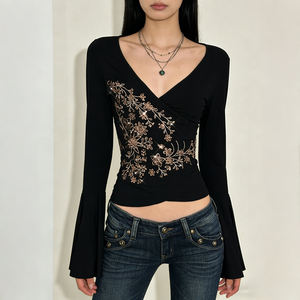 Blusa Vintage con Estampado Floral, Cuello en V, Lazo en la Cintura, Manga Campana, Blusa Ajustada y Sexy de Manga Larga para Mujer, Estilo Retro de Otoño e Invierno - Product Image 1