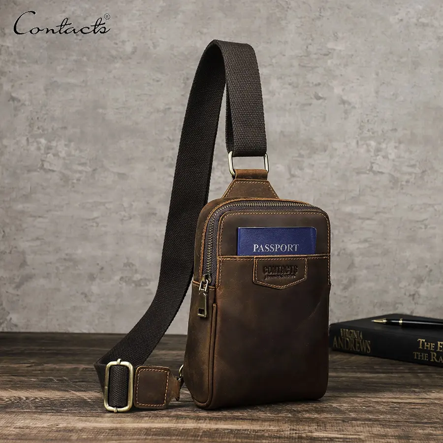 Contact's Custom Cowhide Leather men small Shoulder Crossbody Chest phone Bags Side Sling Bags for 6.7 Inch Phone