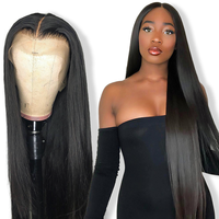 Perruque sans colle transparente 13x4, densité 180%, cheveux humains vierges brésiliens 100% raides, pré-épilée, petite taille, vente en gros