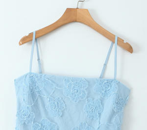 哈努2025 2色意大利面条带碎花刺绣纯色休闲时尚棉夏季长款连衣裙 - Product Image 5