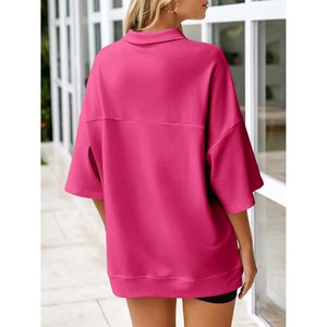 Sweat-shirt surdimensionné pour femme, manches 3/4, fermeture éclair, col en V, tunique asymétrique, tricotée, décontractée - Product Image 5