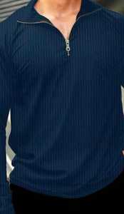 <b>Men's</b> Navy Blue V-neck Half Zip Knit Pullover Long Sleeve Solid Regular Fit Sweater Polyester/Cotton 220 Grams - Product Image 4