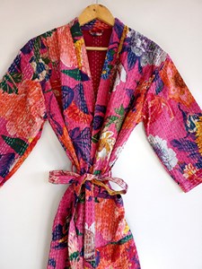 Floral Print Cotton Kantha Kimono Wrap <b>Jacket</b> V-Neck Full Sleeve Hand Embroidered Reversible Waterproof Quick Dry <b>Summer</b> <b>Women's</b> - Product Image 3