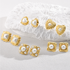 2025 New Arrival Brinco de Aço Inoxidável das Mulheres de Luxo 18K Banhado A Ouro Branco Pérola Coração Geométrica Forma Moda Jóias - Product Image 2