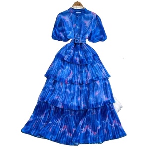 Nouvelle Robe Imprimée Tie-Dye pour Femme, Style Rétro, Multi-Frillages, Manches Bouffantes, Col Montant, Ceinture à la Taille, Vestidos - Product Image 3