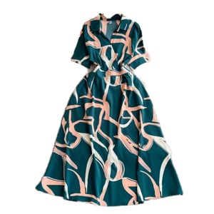 Nuevo Vestido Casual de Gasa para Mujer, Cuello en V, Manga Corta, Cuello Camisero, Estampado en Contraste, Largo Midi, para Primavera, Otoño y la Hora del Té - Product Image 1