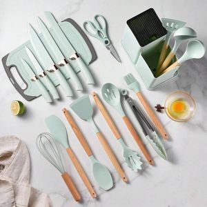 Juego de 19 utensilios de cocina de silicona con tabla de cortar, cubo de almacenamiento con mango de madera y cuchillo, herramientas de cocina - Product Image 4