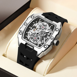 Fournisseur de montres pas chères en Chine, montres mécaniques noires avec design ajouré, mouvement automatique, montres mécaniques avec bracelet argenté - Product Image 2
