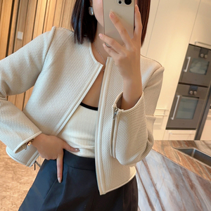 3241 New Hot Ladies Casual <strong>Short</strong> <strong>Jacket</strong> Handmade Long Sleeves Round Neck Breathable Feature <strong>White</strong> Color Genuine Leather <strong>Jacket</strong> - Product Image 2