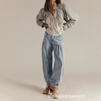 Pantalon Ballon Plissé en Jean de Coton Taille Moyenne Ample Jambe Large Style Bohème Chic Français Printemps 2026 Vente en Gros