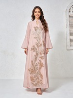 Robe longue de luxe à col montant brodée de sequins et de perles, manches à volants, vêtement islamique Abaya Kaftan, vente en gros, stock personnalisé