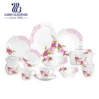 Pabrik Populer Kustom Dekorasi Mewah Tahan Panas Opal Barang Pecah Belah Peralatan Makan Kaca Tempered 58Pcs Royal Square Opal Kaca Set Makan Malam