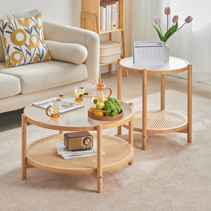 Round Coffee <b>Table</b> With <b>Rattan</b> Shelf Tempered Glass Top Solid Wood Frame Living Room Furniture <b>Small</b> Apartment Use - Product Image 1