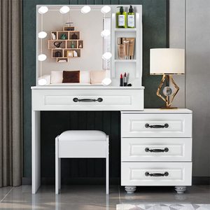 Meuble sur mesure avec 4 tiroirs, miroir de vanité éclairé blanc brillant pour filles, <span class=keywords><strong>commode</strong></span> en bois moderne pour chambre à coucher et salon - Product Image 3