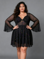 Robe Midi Vintage Personnalisée OEM pour Femme Grande Taille, en Dentelle Transparente, Maille Holographique à Paillettes, Motif Nuit Étoilée, Manches Bouffantes Asymétriques, Vente en Gros