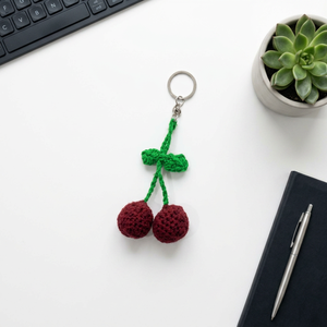 Shan India Handwoven Crochet Wool Red Cherries and Green Bow <b>Keyring</b> for Women and Girls Durable Eco-Friendly Cute Leaf <b>Charm</b> - Product Image 2