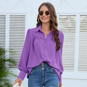 Áo sơ mi nữ mùa xuân thu, áo kiểu nữ, áo blouse nữ màu trơn tay dài cổ trụ, thời trang, áo sơ mi rộng rãi, phong cách thường ngày - Product Image 4
