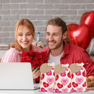 Sacs cadeaux en coton rose à cordon avec motif cœur pour la Saint-Valentin, sacs en coton avec cordon pour mariage, cadeaux de fête nuptiale, fournitures et décorations - Product Image 3