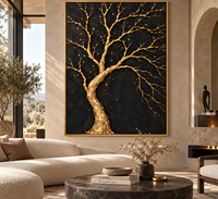 Dipinto su Tela 3D Fatto a Mano con Albero della Vita in Oro, Sfondo Nero, Arte Murale di Lusso per Decorazione Ingresso Hotel e Villa