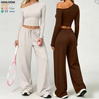 ACX8004+ACK8004 Conjunto Deportivo Informal para Mujer, Top Corto de un Hombro, Pantalones Anchos con Cintura Elástica y Cordón Ajustable, para Gimnasio, Yoga y Entrenamiento