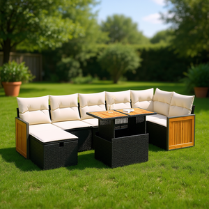Ensemble de canapés de jardin en rotin noir 6 places avec rangement, mobilier d'extérieur au design contemporain, panneaux en teck - Product Image 2