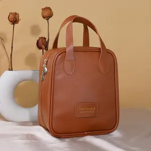 Elegant Style Custom Pu Leather Cosmetic Zipper Bag Outdoor Travel Waterproof Pink Makeup Cosmetic Bag With Handle