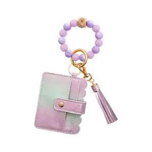 Top Venda Luminosa Silicone Beads Pulseira Com Tassel Tie Dye Impresso Id Cartões de Crédito Titular Keychain Wallet