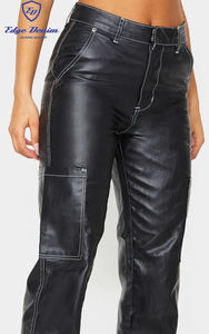 EDGEDENIM Slouchy Loose Straight Personnalisé <span class=keywords><strong>Noir</strong></span> Faux Pu <span class=keywords><strong>Cuir</strong></span> Denim Jeans Femmes Sexy - Product Image 5