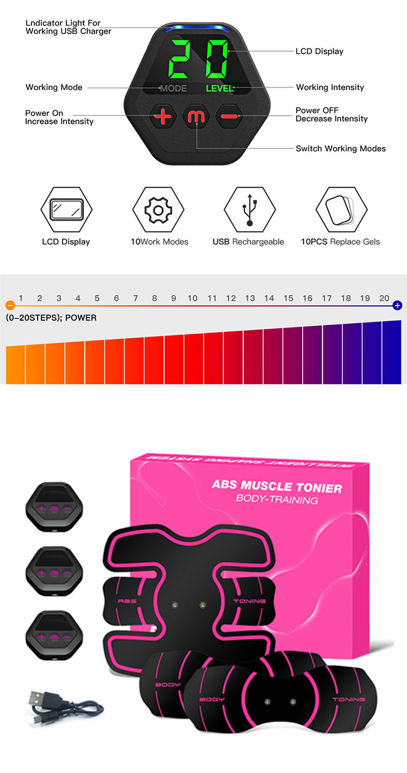 Rechargeable Electric Ems Tens Unit Set Arm Muscle Abdominal Abdomen Training Device Trainer Belt Stimulator With App Controller