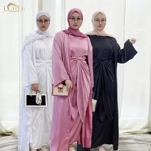 ロリヤ卸売シルクコレクション2個セット女性控えめなサテンドレスイスラム教徒オープンアバヤイスラム服