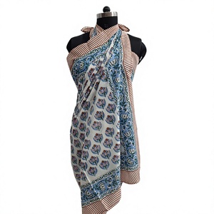 Leaf Pattern Crisp White & Cerulean Blue Sarong Handmade Cotton Scarf with Bagru Print Unique Gift for Her - Product Image 1