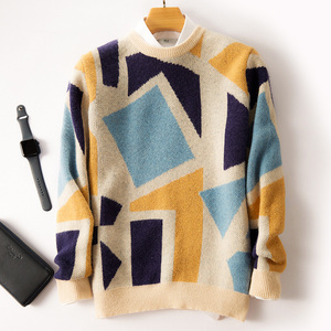Maglione in pura lana di lusso classico da uomo 2025 100% misto <span class=keywords><strong>Cashmere</strong></span> Plus Size invernale maglieria termica con motivo Patchwork con stampa Logo - Product Image 1