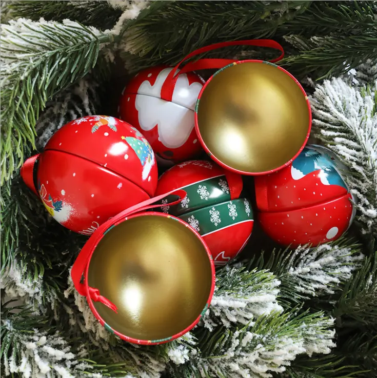 Decoraciones de Navidad redonda de hojalata colgante bola esférica lata de caramelo de la caja de regalo de Navidad de embalaje de la caja de la lata de caja de regalo