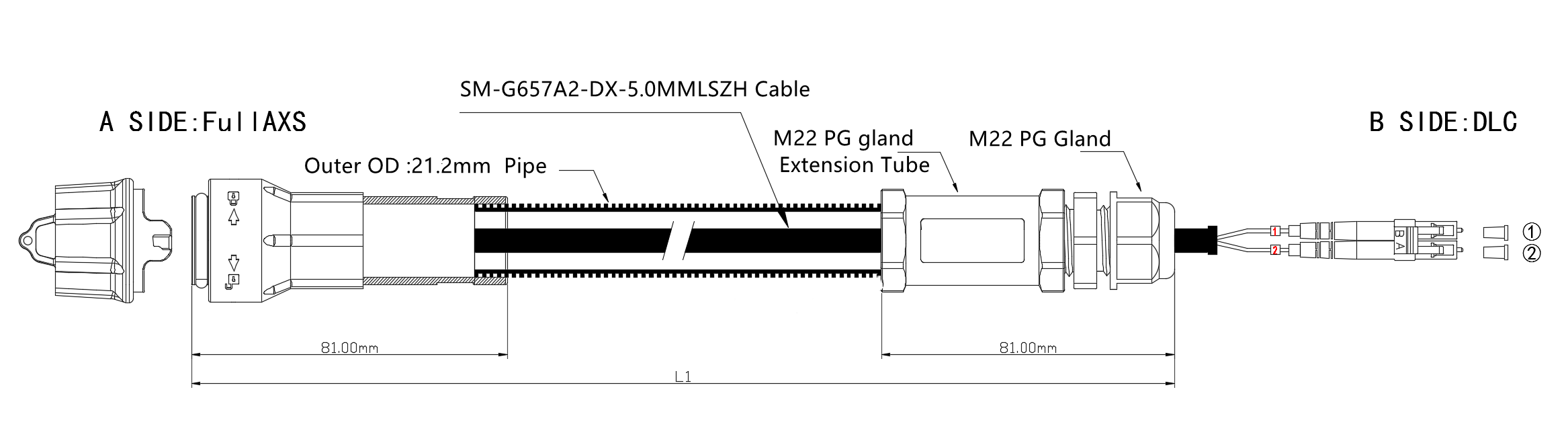 Fullaxs LC Duplex Fiber Cable Assembly Ruggedized With PG Gland Extension Tube