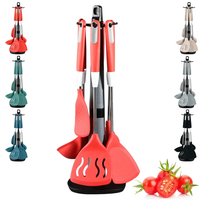 hot selling 7 Pieces In 1 Set kitchen accessories Cooking Tools Gadgets Silicone Kitchen Utensils Set With storage rack