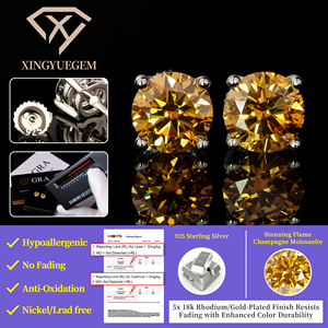 Luxury 925 Sterling <b>Silver</b> Round Champagne Moissanite 5mm/6.5mm Claw Setting Brilliant Cut Gold Plated <b>Stud</b> Earrings GRA Trendy - Product Image 3