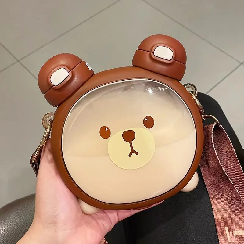 Biểu Tượng Tùy Chỉnh Rõ Ràng Minh Bạch Kid Hình Dạng Chúng Tôi Babe Trần Nhựa Kawaii Dễ Thương Teddy Bear Chai Nước Với Nắp Rơm